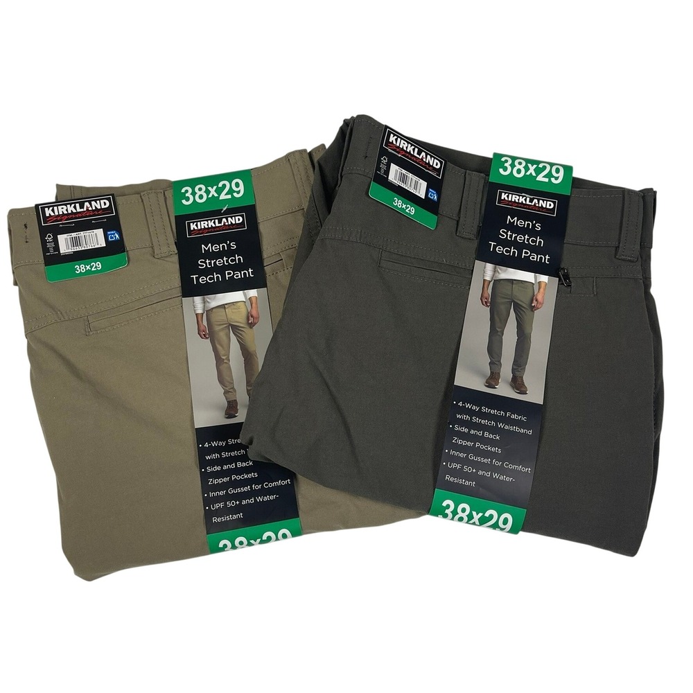 Kirkland Signature Mens Stretch Tech Pant 38x29 Khaki Green 2 Pair 7771419